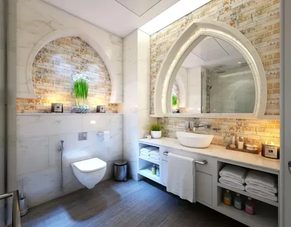Bathroom remodeling Huntington Beach CA with arched mirror