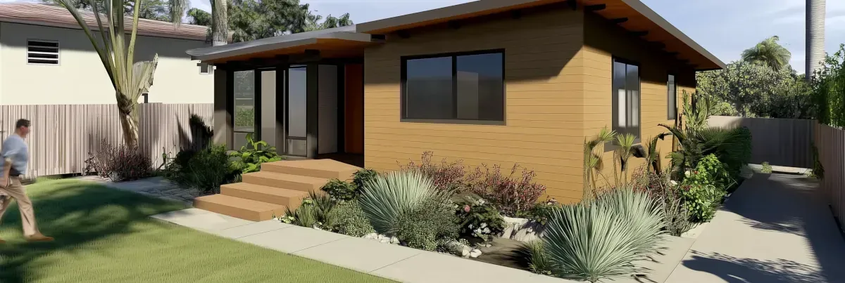 Family sits in front of Custom-built ADU in Huntington Beach with private entrance and patio
