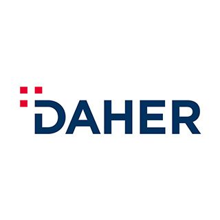 The daher logo is blue and red on a white background.