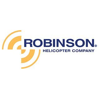 The robinson helicopter company logo is yellow and blue.