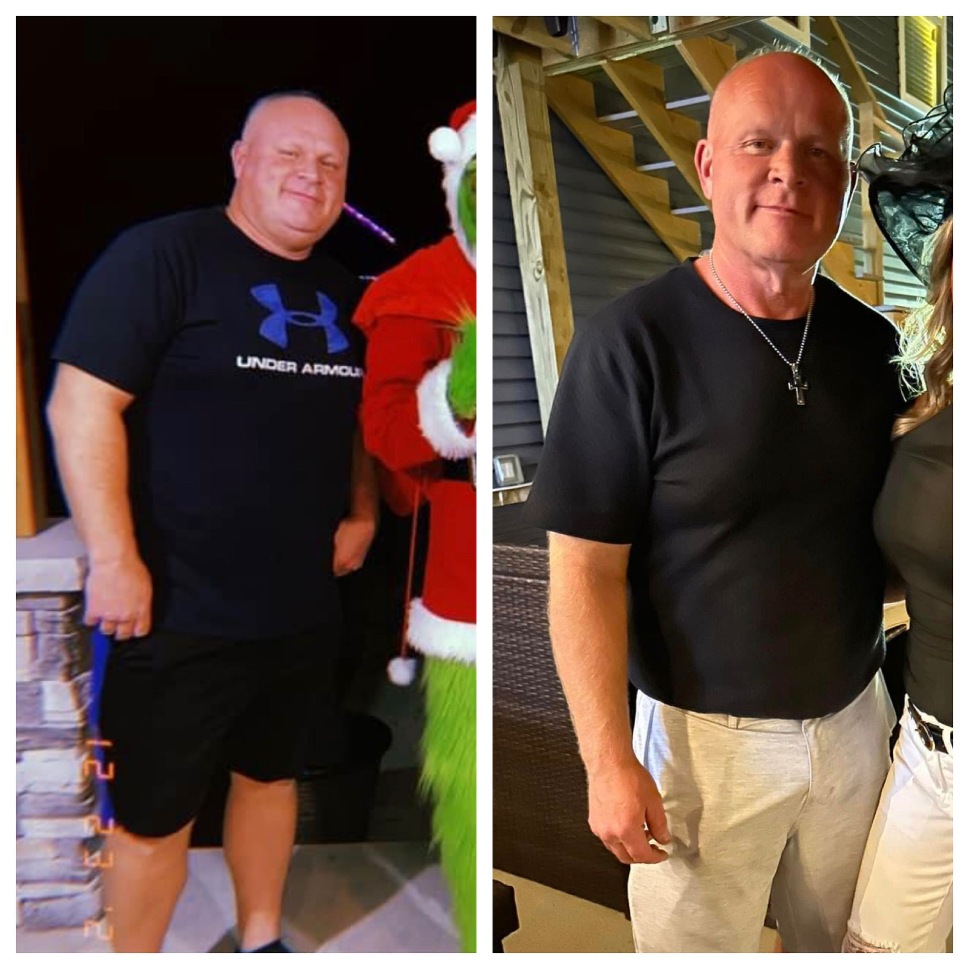 A before and after photo of a man wearing a black under armour shirt