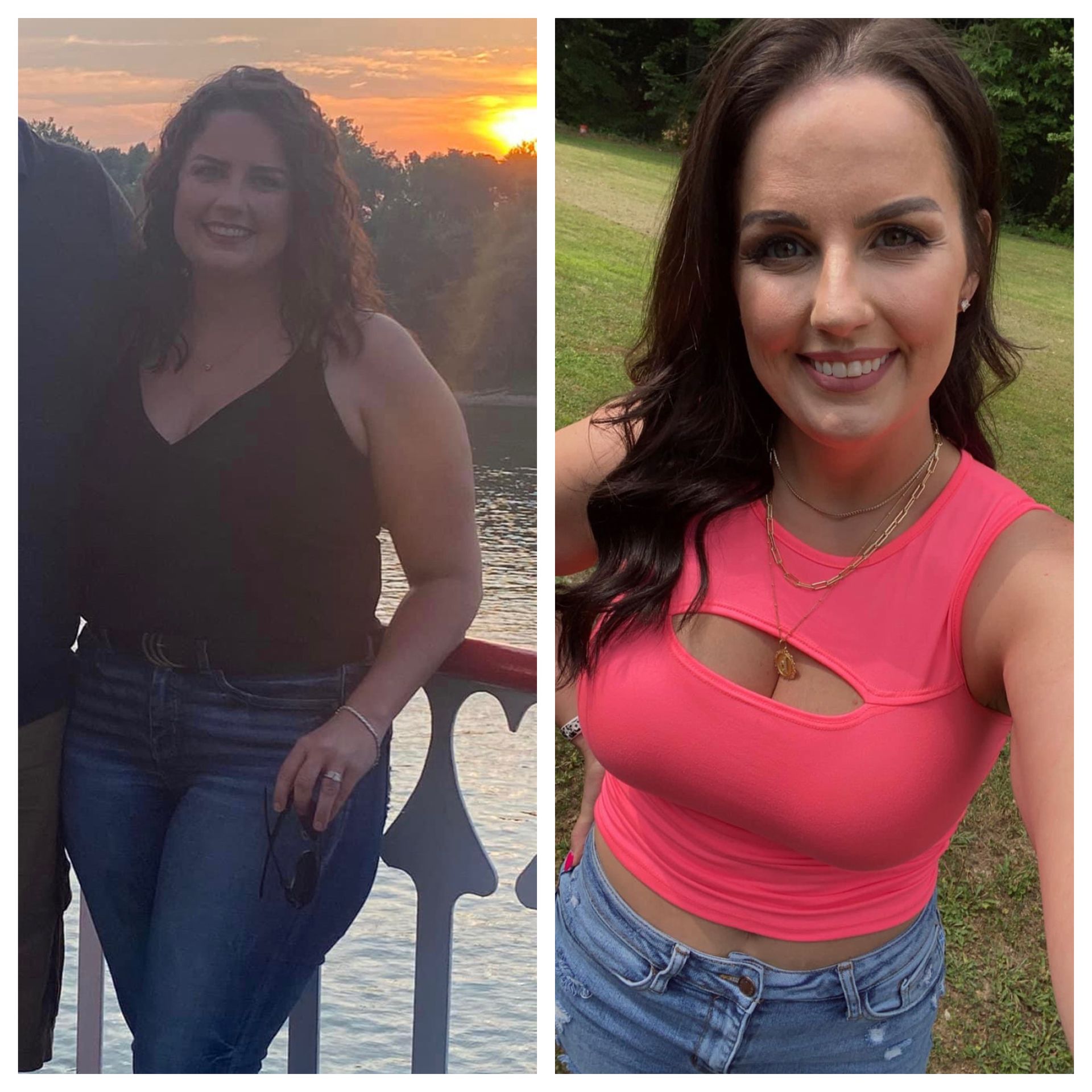 A before and after picture of a woman standing next to a body of water.