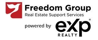 Logo for Freedom Group Real Estate Support Services, powered by eXp Realty, with a red background and a white bird graphic.