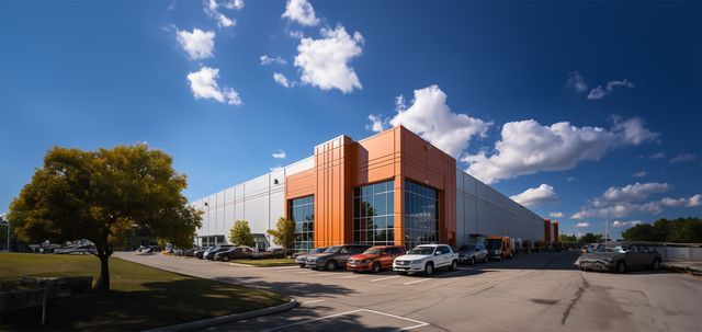 Exterior of a modern industrial building with orange accents, parked cars, a tree, and a blue sky with clouds.