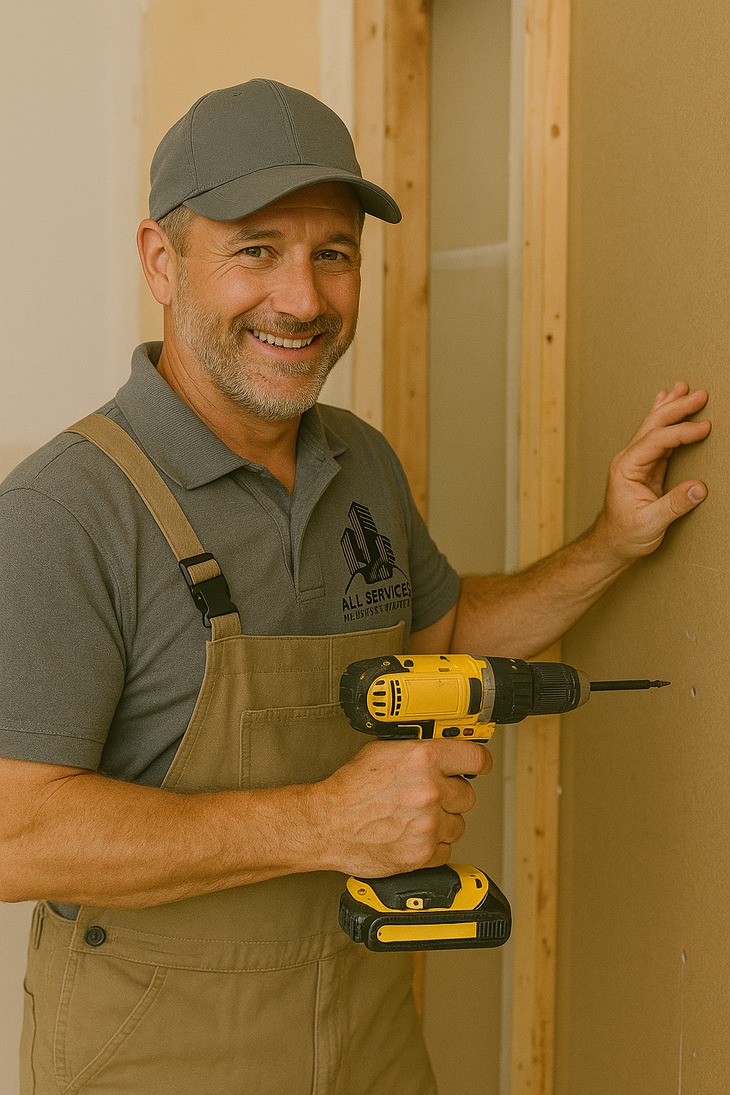A man is holding a drill and smiling while standing next to a wall.