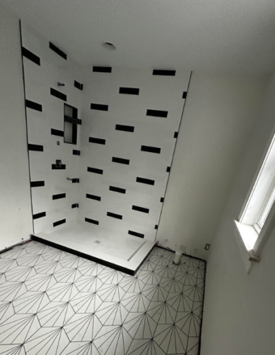 A room with a geometric pattern on the floor and walls