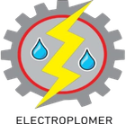 Logotipo de engranaje gris con círculo rojo, gotas de agua azules, rayo amarillo y texto “ELECTROPLOMER”