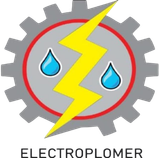 Logotipo de engranaje gris con círculo rojo, gotas de agua azules, rayo amarillo y texto “ELECTROPLOMER”