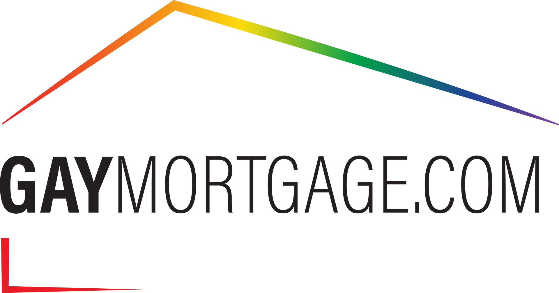 A logo for gay mortgage.com with a rainbow colored roof.