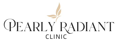The logo for pearly radiant clinic has a butterfly on it.