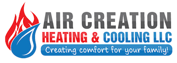 Logo for Air Creation Heating & Cooling LLC with a red flame and blue water droplet graphic, text in red and blue.