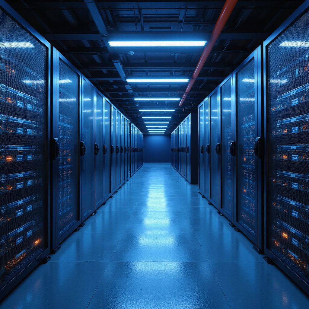 Data center hallway, rows of server racks, blue lighting, cool tones.