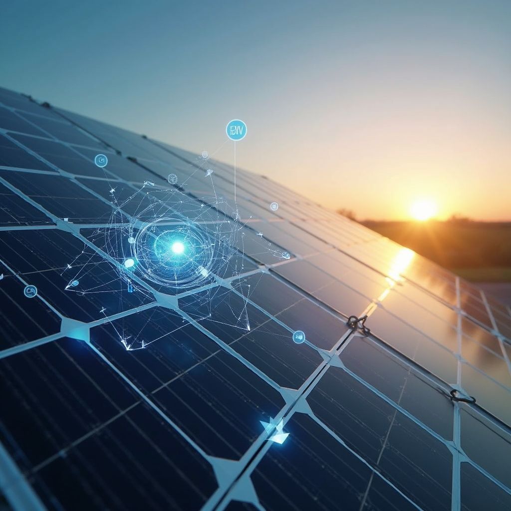 Solar panels in the sunlight with an overlay of a glowing blue digital network.