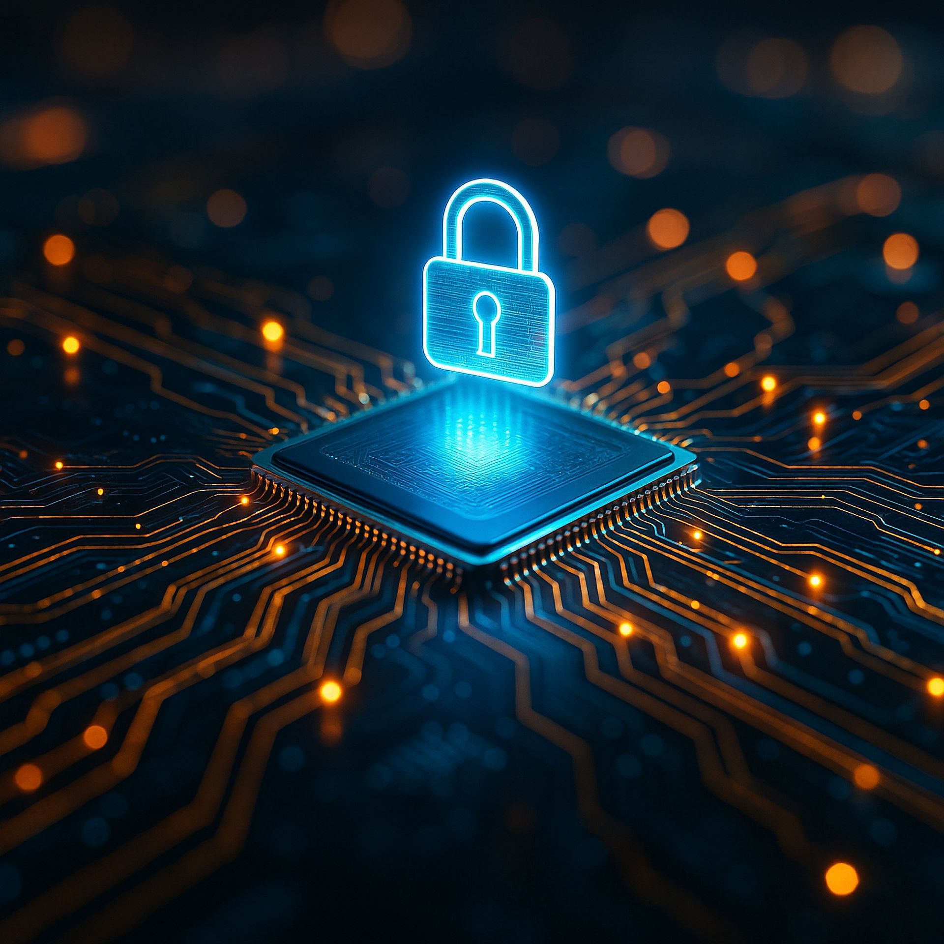 Glowing padlock icon over a computer chip on a circuit board, symbolizing cybersecurity.