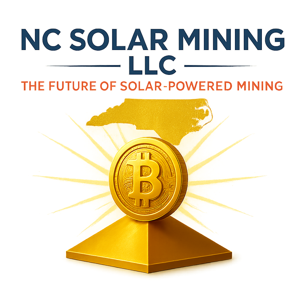 Logo for NC Solar Mining LLC. Gold Bitcoin on gold pedestal, with North Carolina outline, solar burst background.