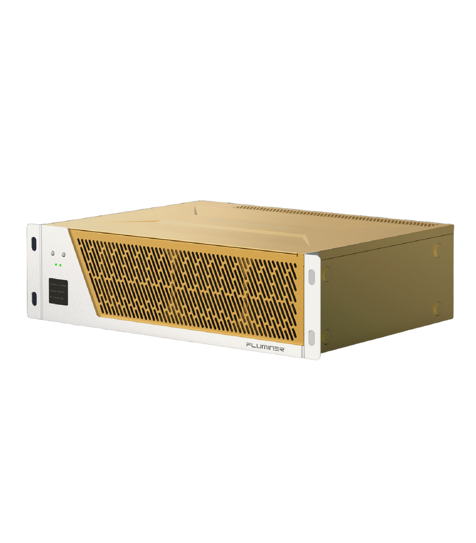 Gold and white rack-mounted server with a mesh front panel and power button.