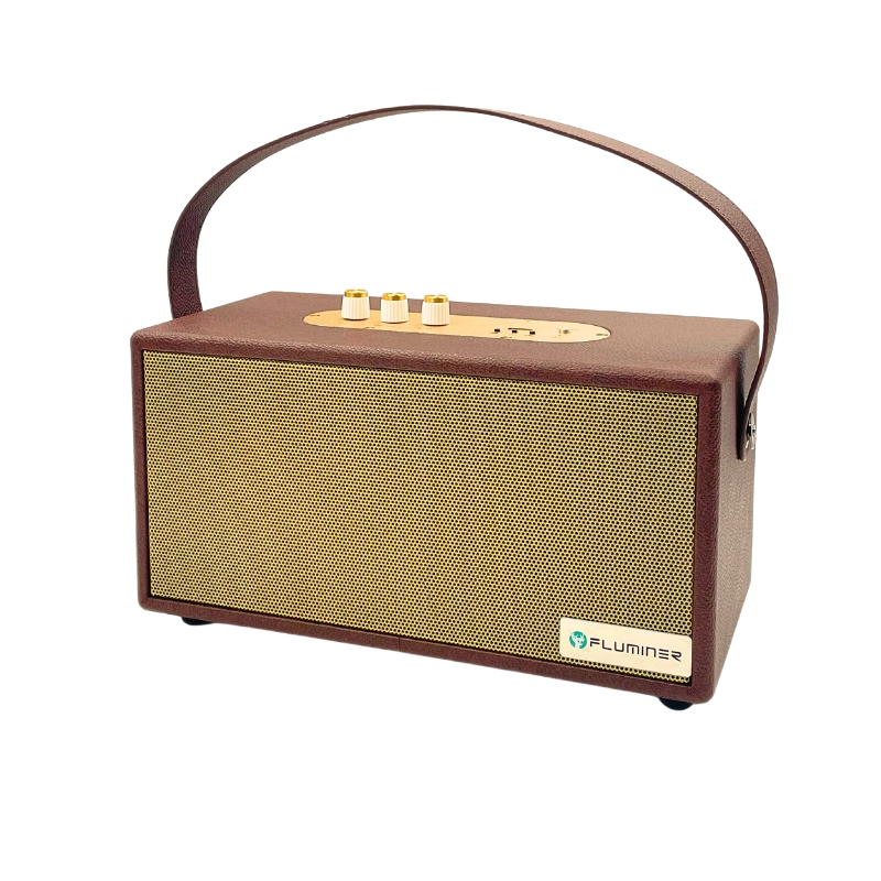 Brown retro-style portable speaker with a handle, gold-colored mesh, and three knobs.