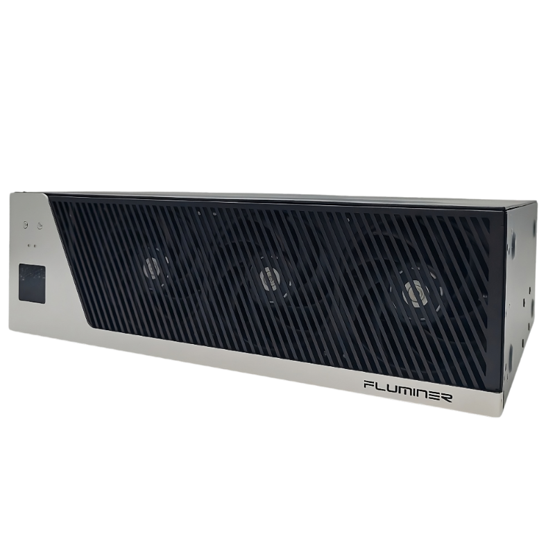 Silver and black Flumizr server with three fans behind a grated front panel.