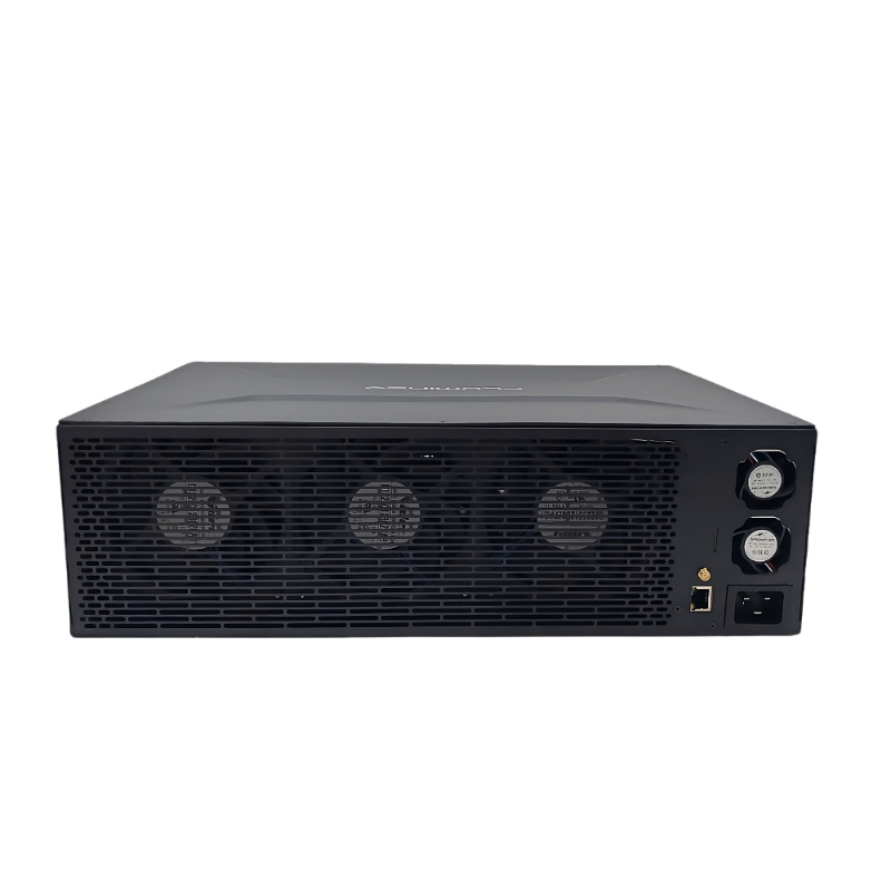 Black server with three front fans, power button, and ports.