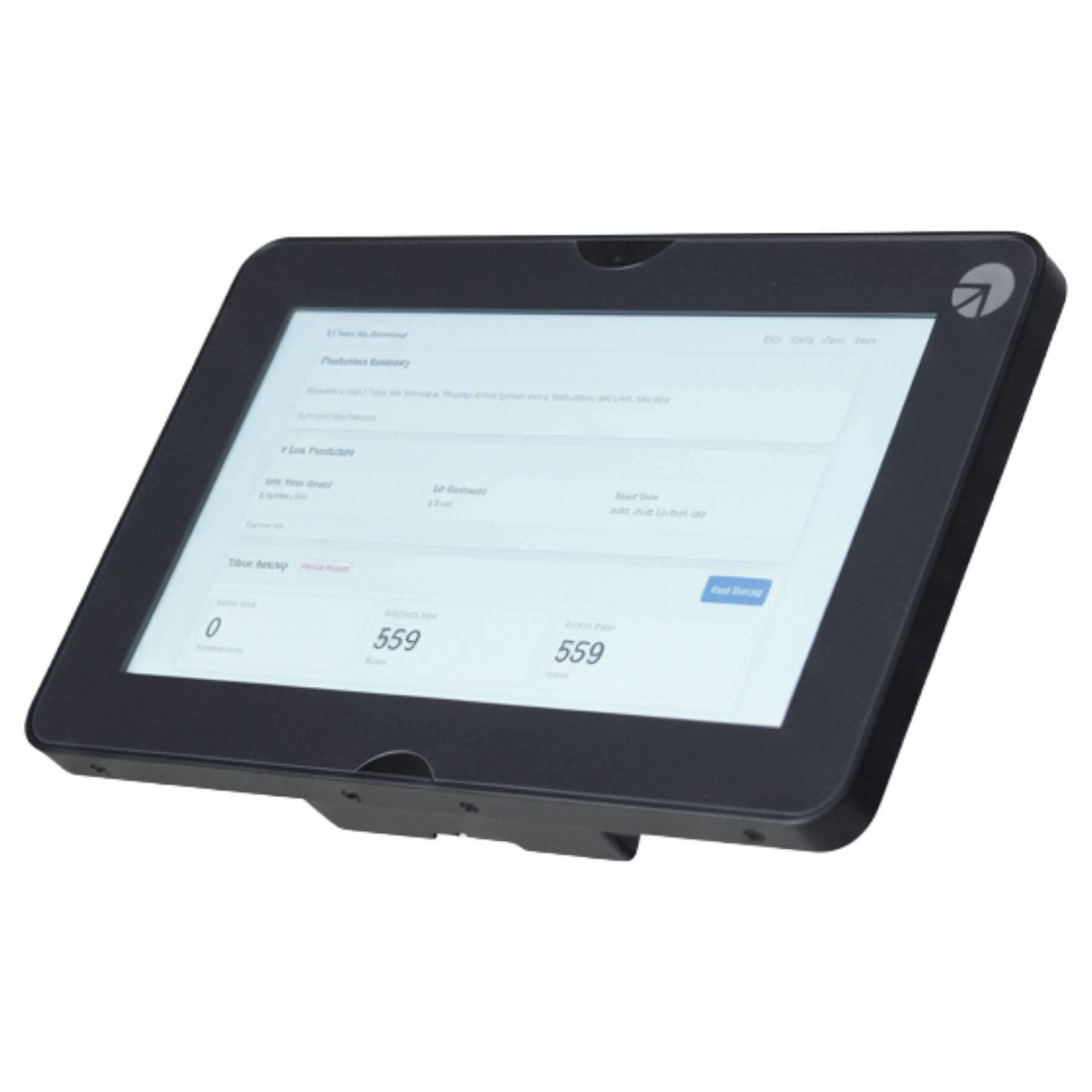 Black tablet displaying data, angled on a dark surface. The screen shows text and numbers with a blue button.