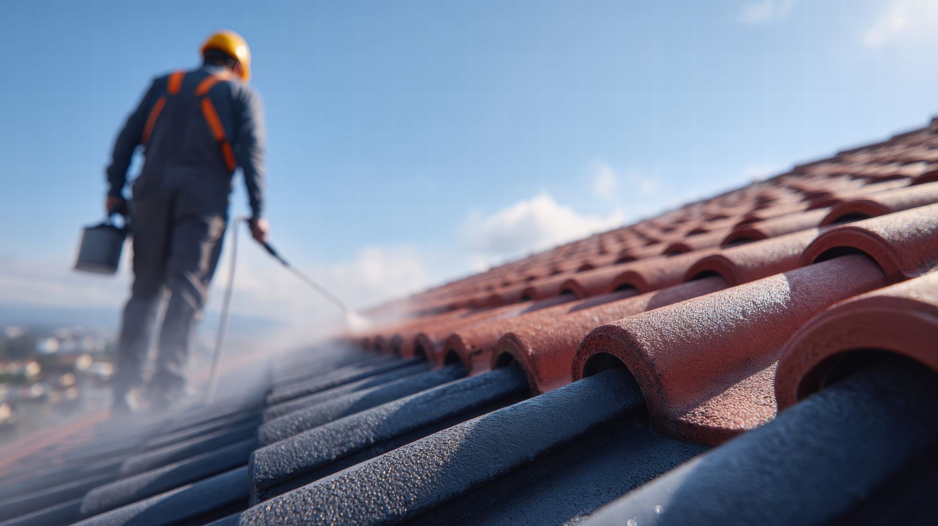 A roofer cleans a tiled roof with a pressure washer on a sunny day.