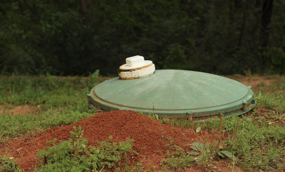 Green septic tank lid with white vent, surrounded by grass and dirt.