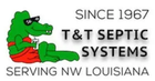 Green alligator wearing sunglasses, holding drink, in red shorts, "T & T Septic Systems" logo.
