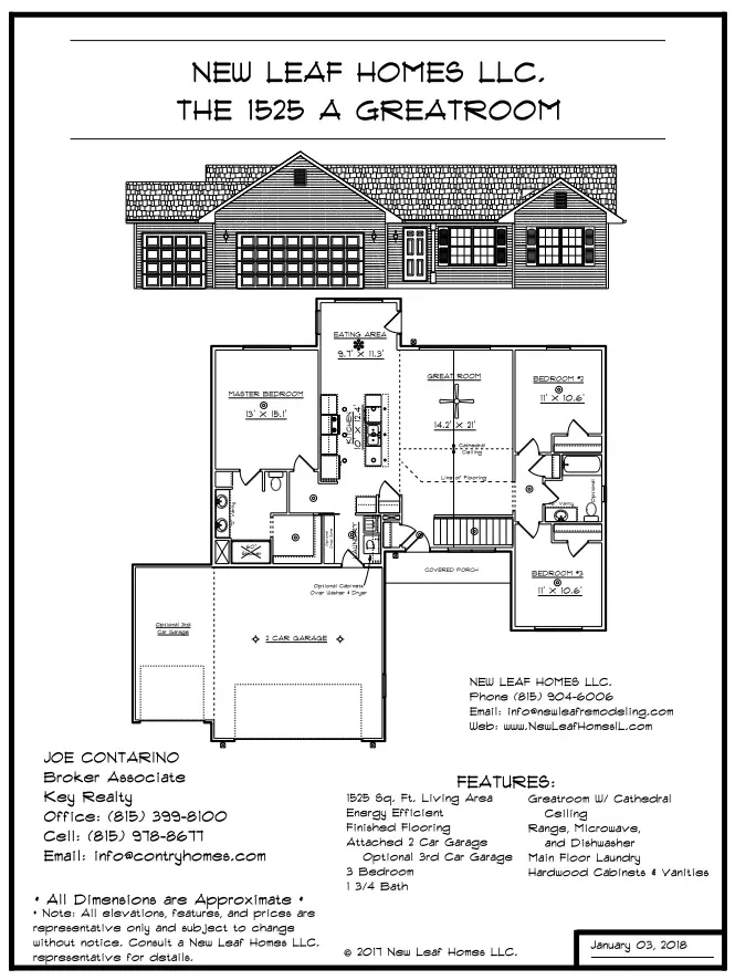 Floor plan and exterior rendering of a home labeled