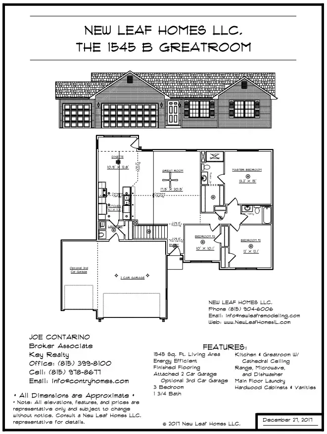 Floorplan of a house with garage, rooms labeled, and contact info for a real estate broker.