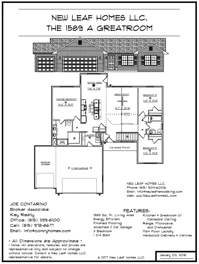 Floor plan for New Leaf Homes LLC, The 1589 A Greatroom. Includes home exterior rendering, layout, and features list.