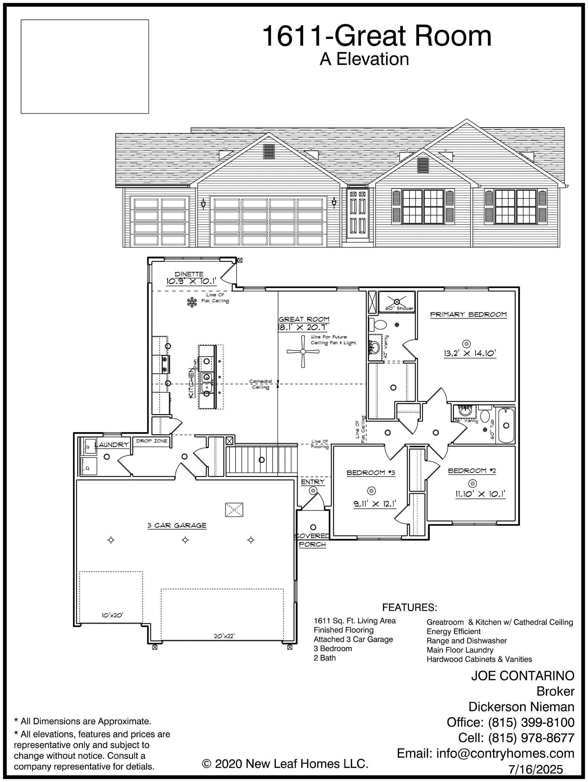 Floor plan of a house with a great room, kitchen, bedrooms, and a garage.