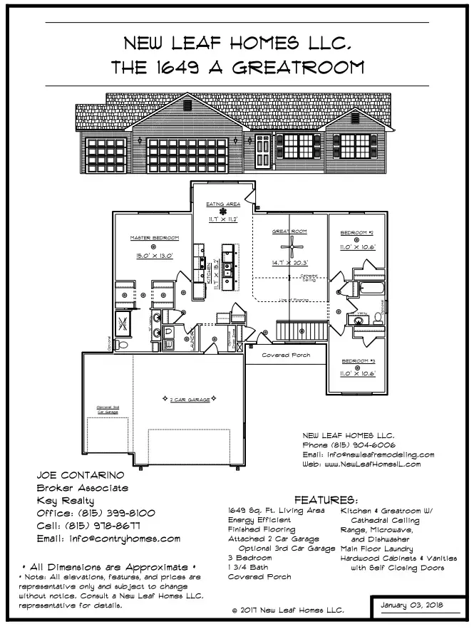 Floor plan for a home named The 1649 A Greatroom by New Leaf Homes LLC. Features include a garage.