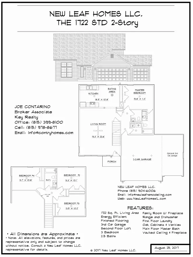 Architectural floor plan for New Leaf Homes LLC, 1722 STD 2-Story, featuring bedrooms, kitchen, living area, and garage.