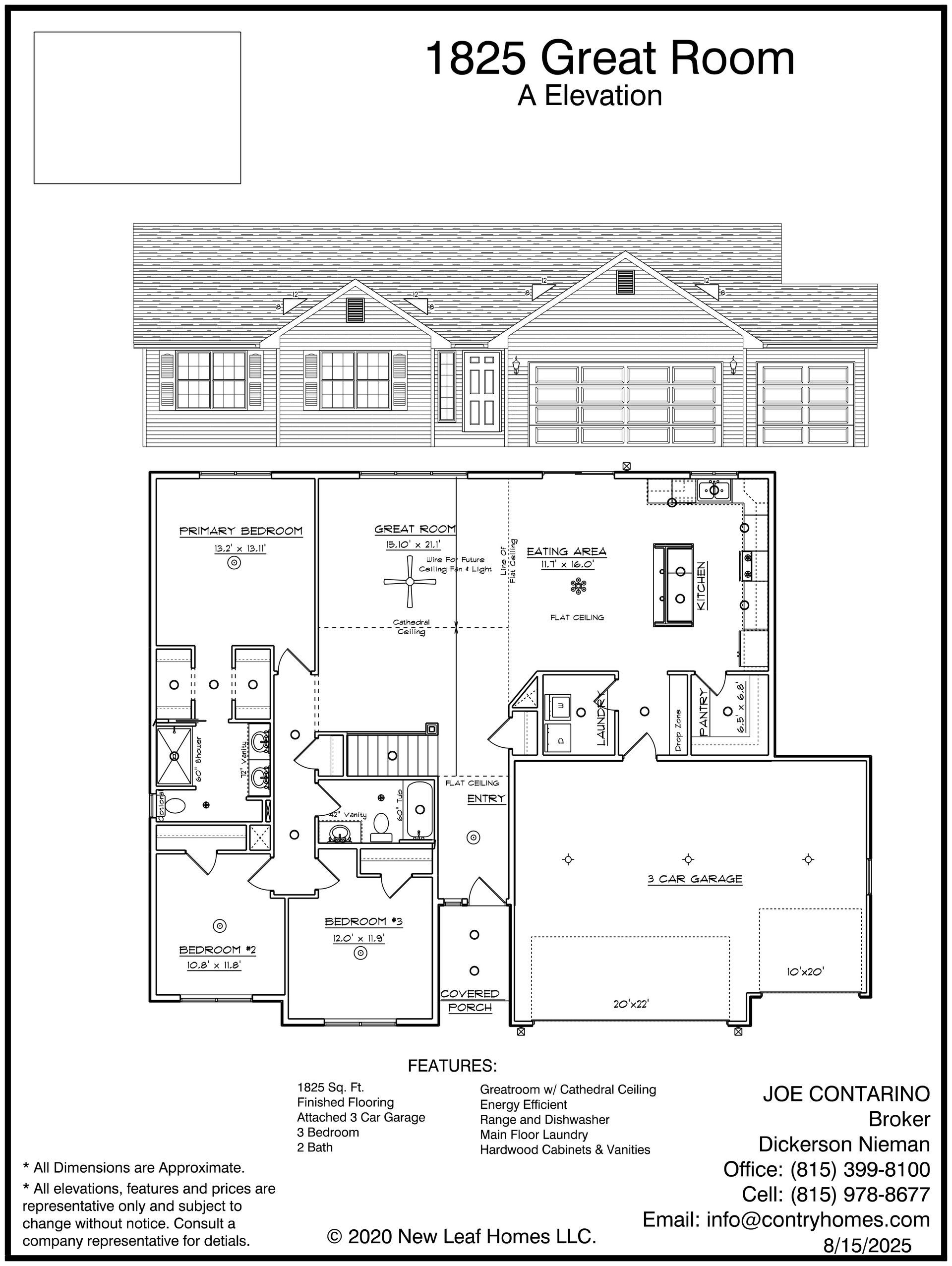 Floor plan and facade of a 1825 Great Room house. Layout includes rooms, dimensions, and exterior view.