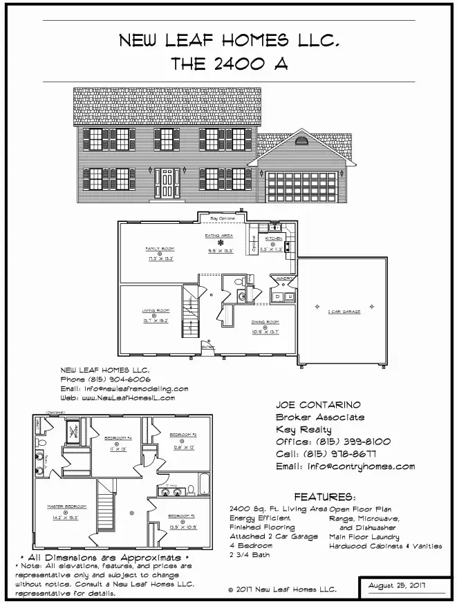 Blueprint of the 2400 A house plan by New Leaf Homes LLC, showing exterior, ground, and upper floor layouts.
