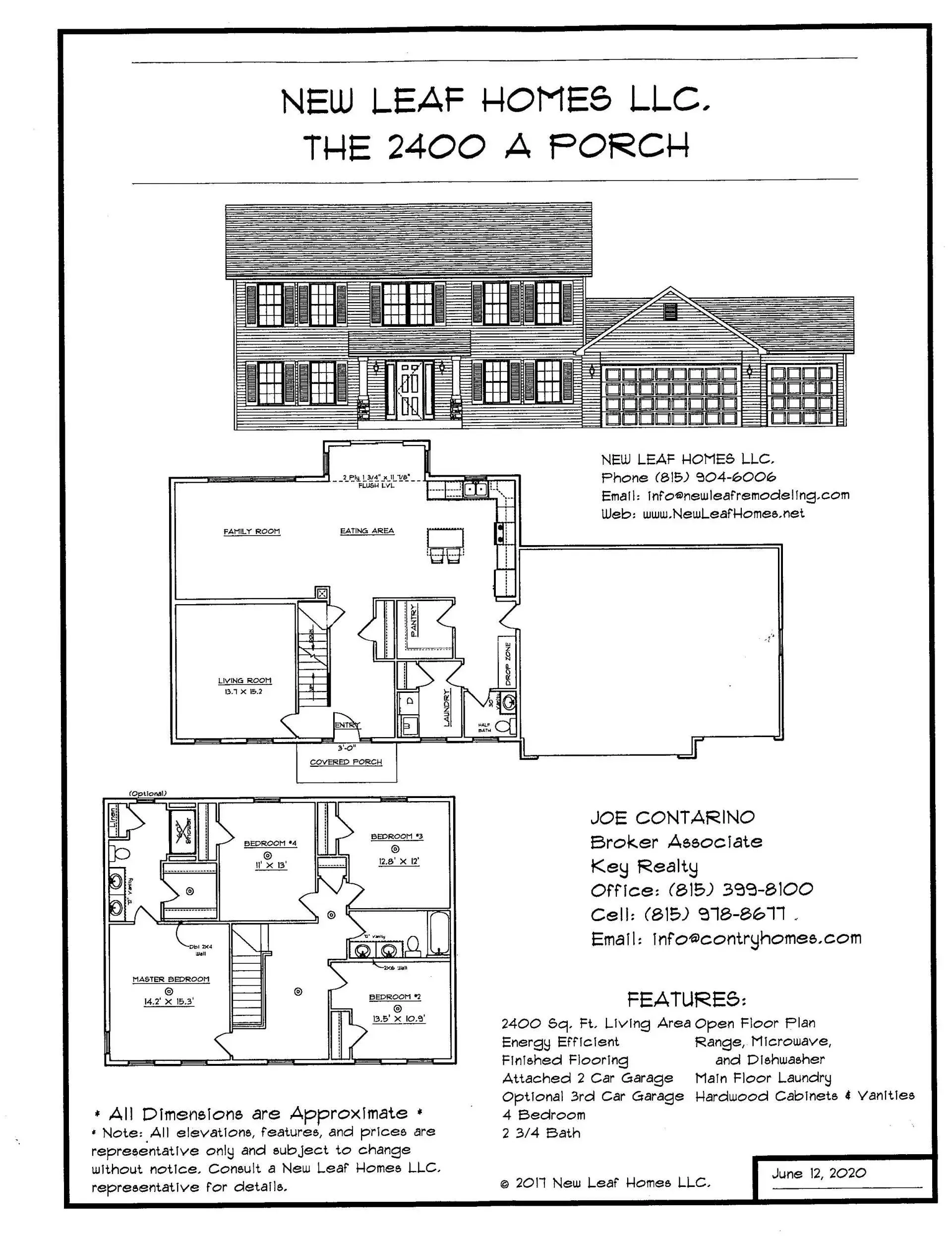 Floor plans and exterior rendering for a Neu Leaf Homes LLC house, including a porch and various rooms.