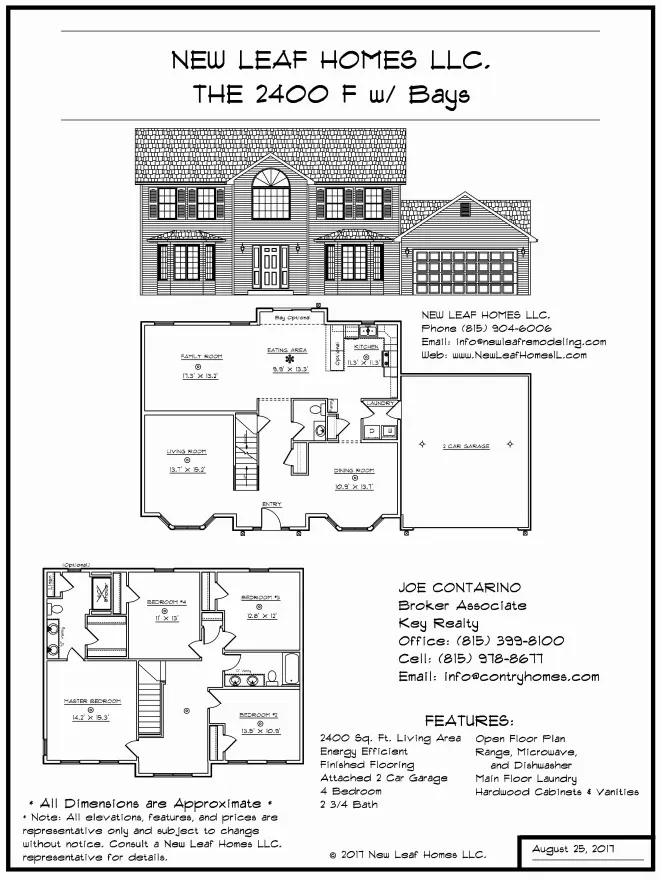 Architectural drawing of a two-story home with floor plans. Includes garage and building specifications.