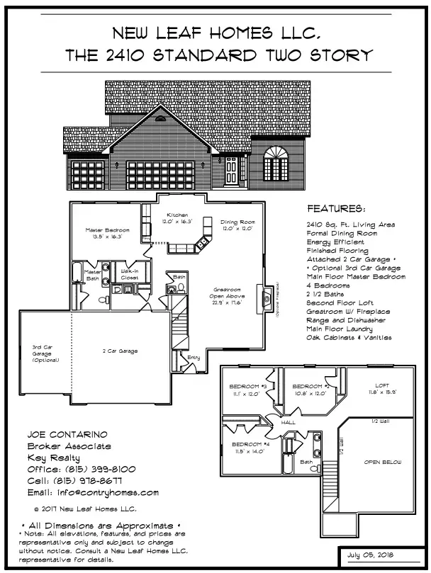 Architectural drawing for a two-story home, featuring floor plans, facade, and specifications, with contact information.