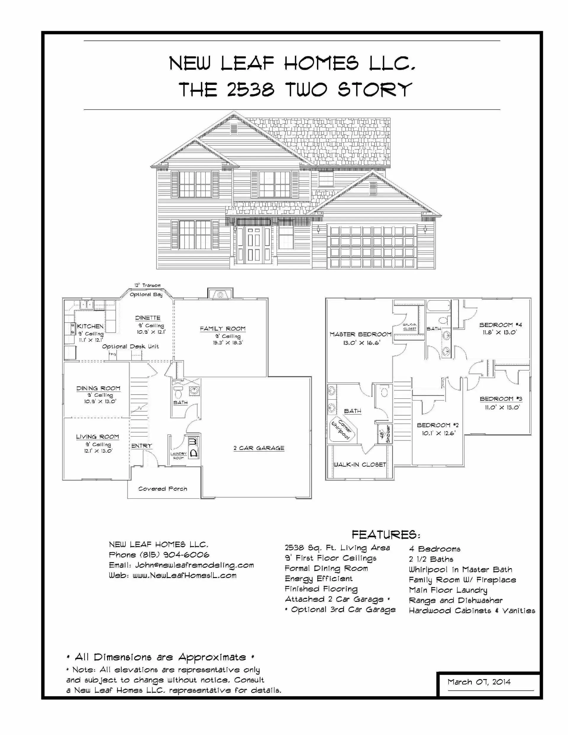 Architectural drawing of a two-story house plan by NEU LEAF HOMES L.L.C., including floor plans and exterior elevations.