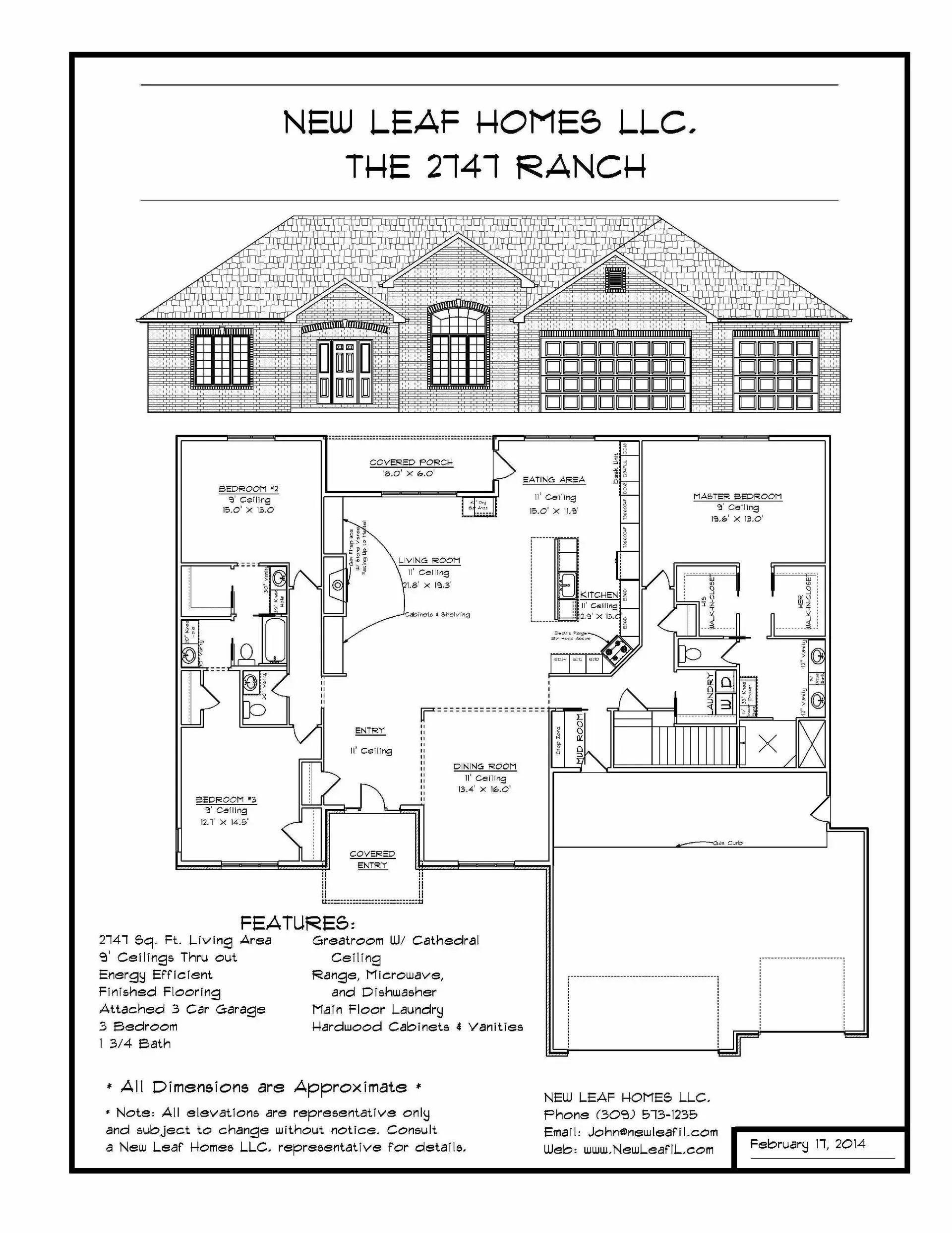 Floor plan of a house, with exterior rendering above. Includes a garage, living areas, bedrooms, and a kitchen.