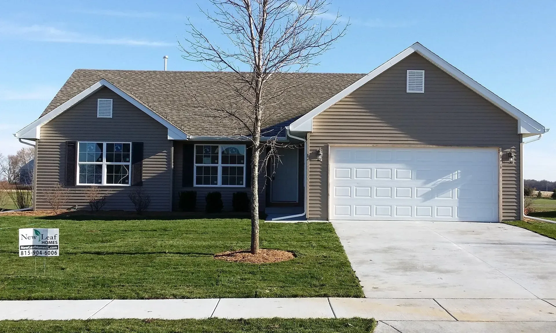Tan and gray suburban house with a two-car garage, green lawn, and a leafless tree in front.
