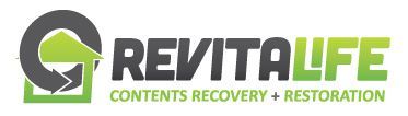 Logo for Revitalife Contents Recovery + Restoration, featuring a green house icon integrated into a dark grey arrow circle.