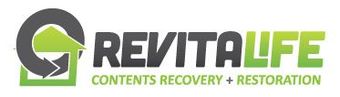 Logo for Revitalife Contents Recovery + Restoration, featuring a green house icon integrated into a dark grey arrow circle.