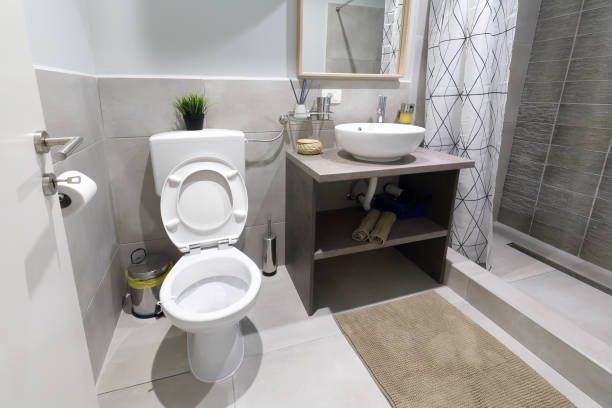 A bathroom with a toilet , sink and mirror.