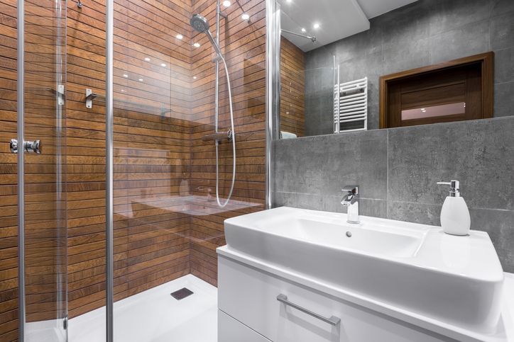 A bathroom with a walk in shower , sink and mirror.