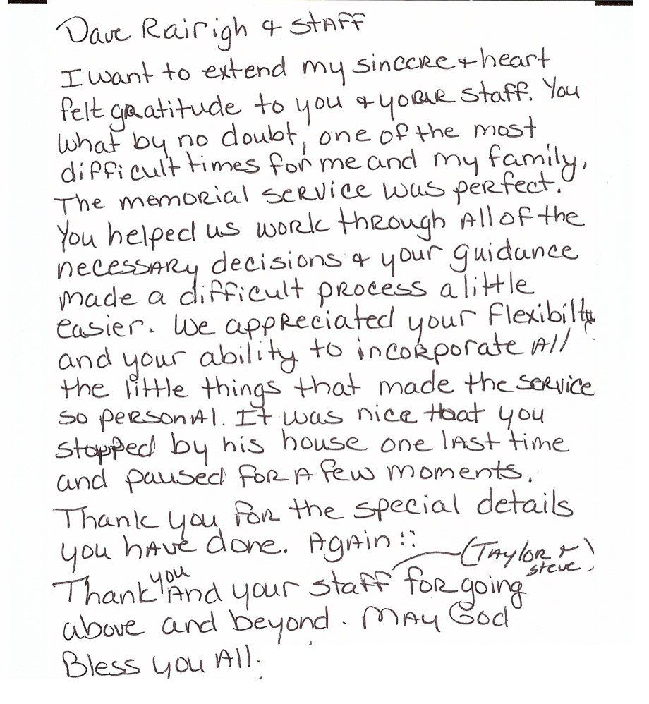 Funeral Home Testimonial and Thank you card
