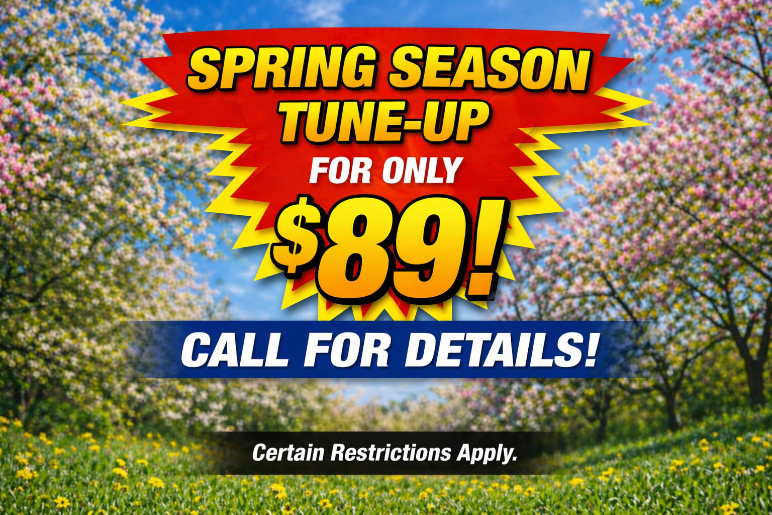 Spring season tune-up ad: $89, call for details, over blooming trees and flowers.