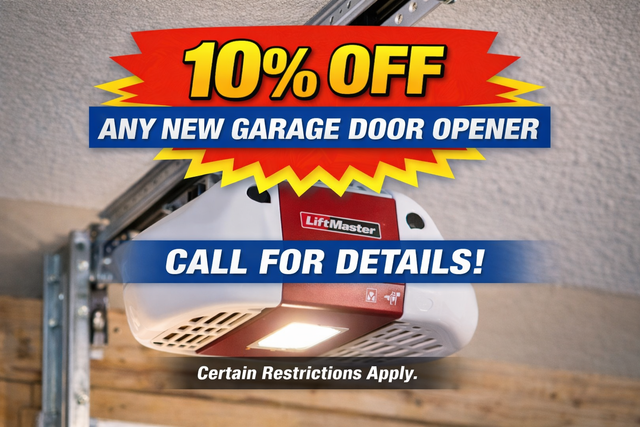 10% off any new garage door opener ad with “Call for details” and restriction note