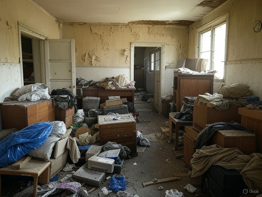 A room in an abandoned house filled with lots of junk.