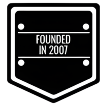 Black and white shield-shaped logo with 